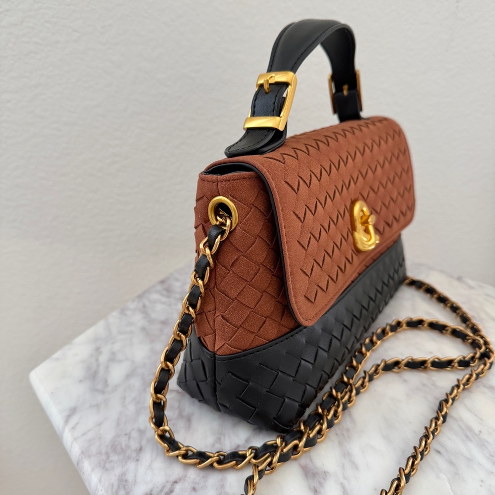 Brown Black Two-Tone Woven Leather Top Handle Crossbody Chain Strap Bag - Picture 5 of 14